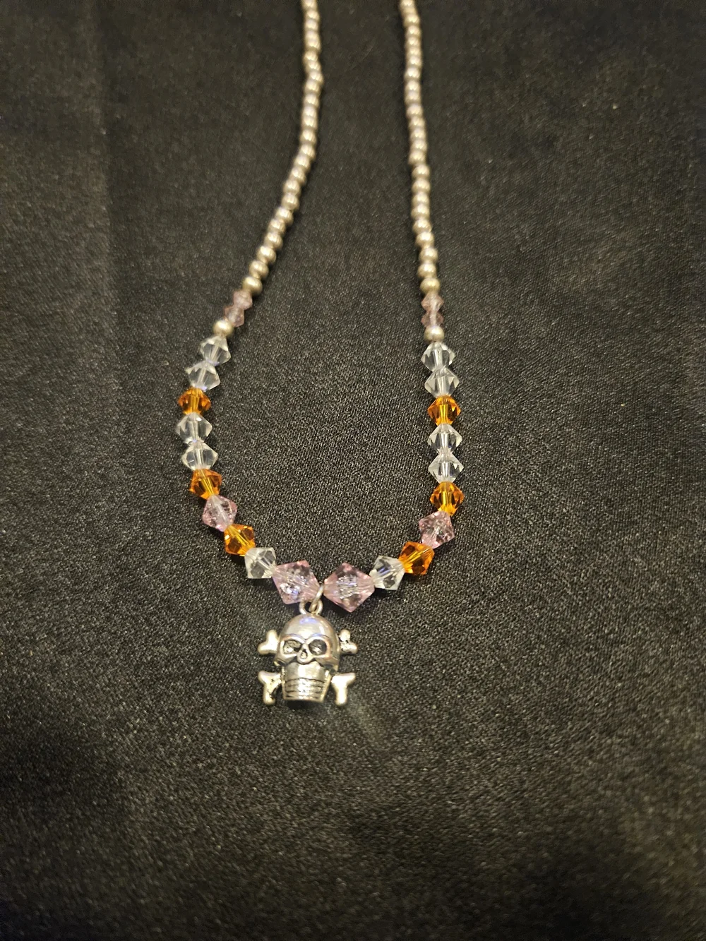 Beaded Skull Pendant Necklace in Pink, Orange and Clear